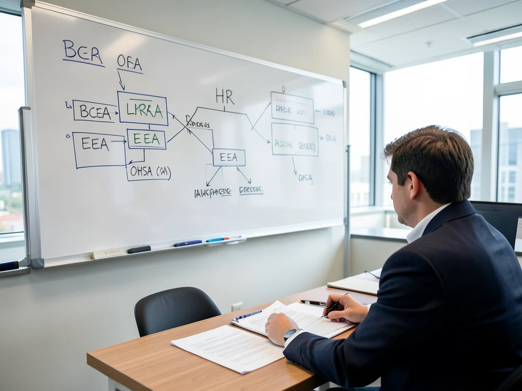 A professional HR office environment with HR-related legislation noted.