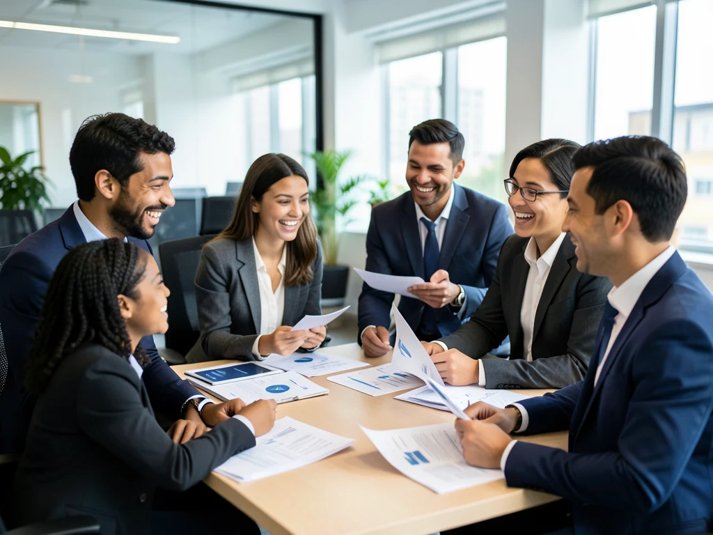 Interns collaborating in a modern office setting.