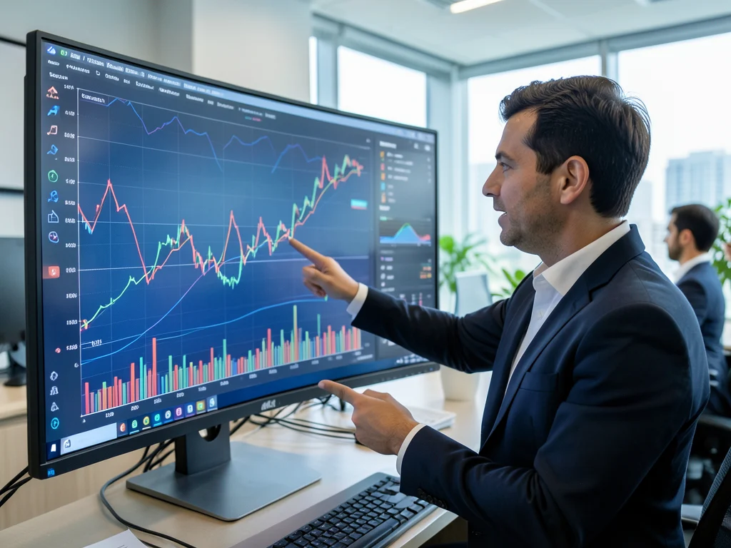 Financial analyst reviewing data on a monitor.