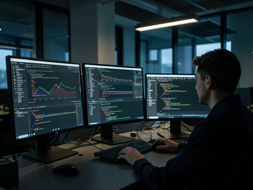 Data scientist analyzing data on multiple computer screens.