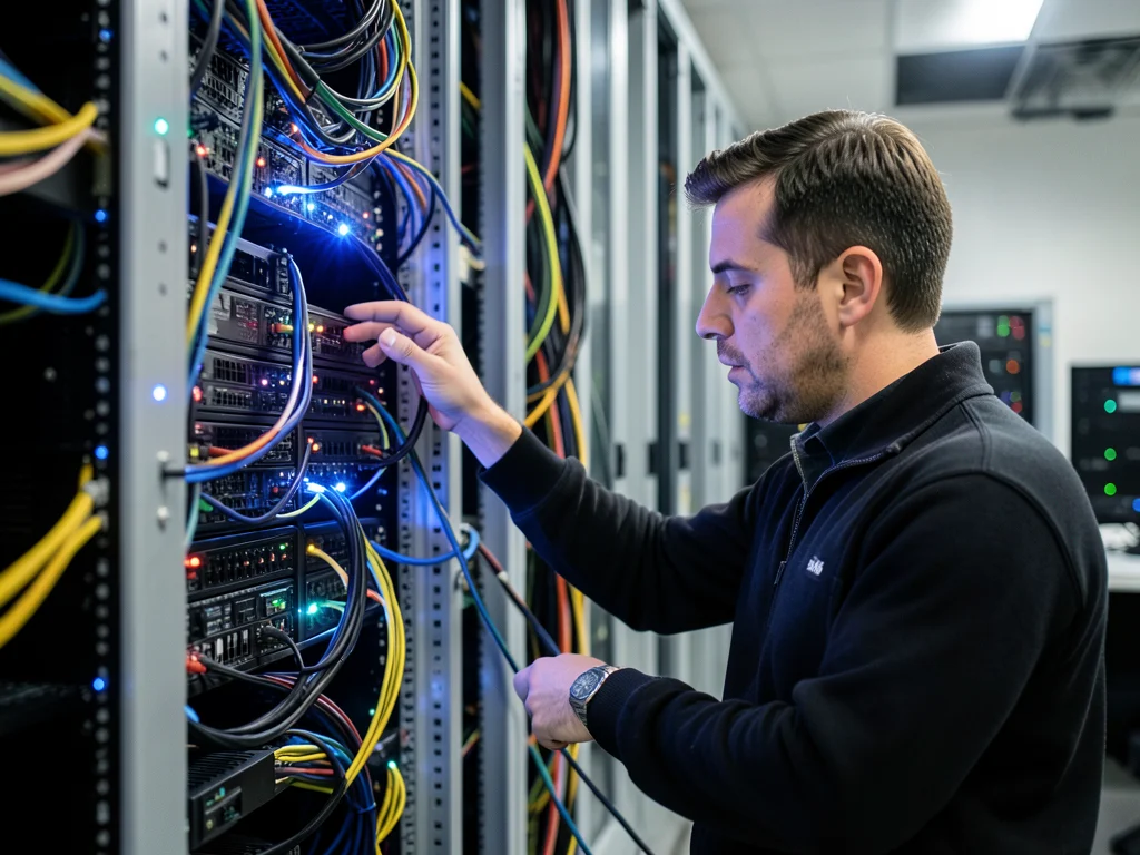 IT professional working with server equipment in a data center.
