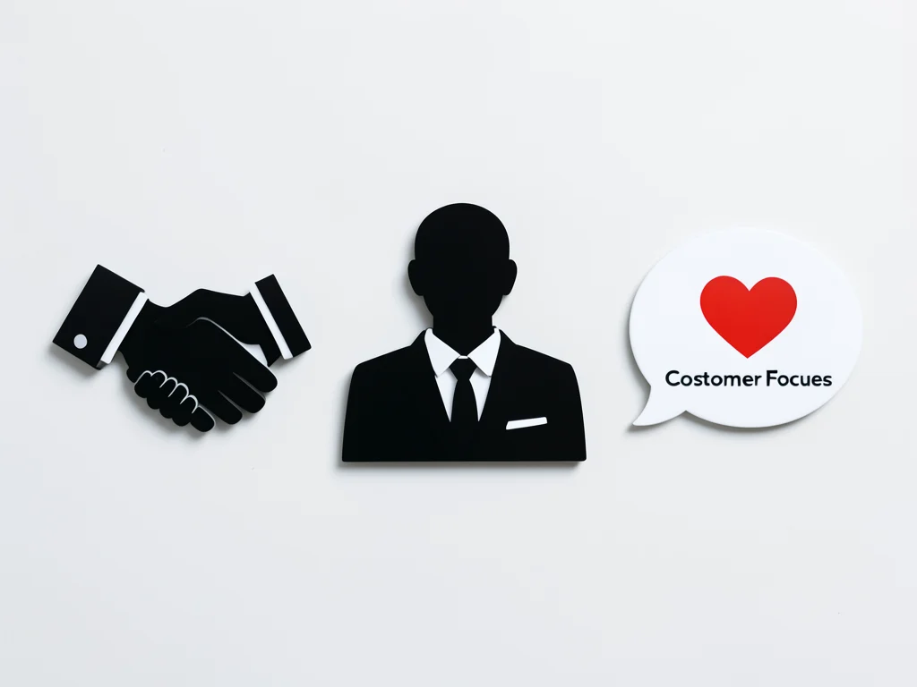 Icons representing integrity, professionalism, and customer focus.