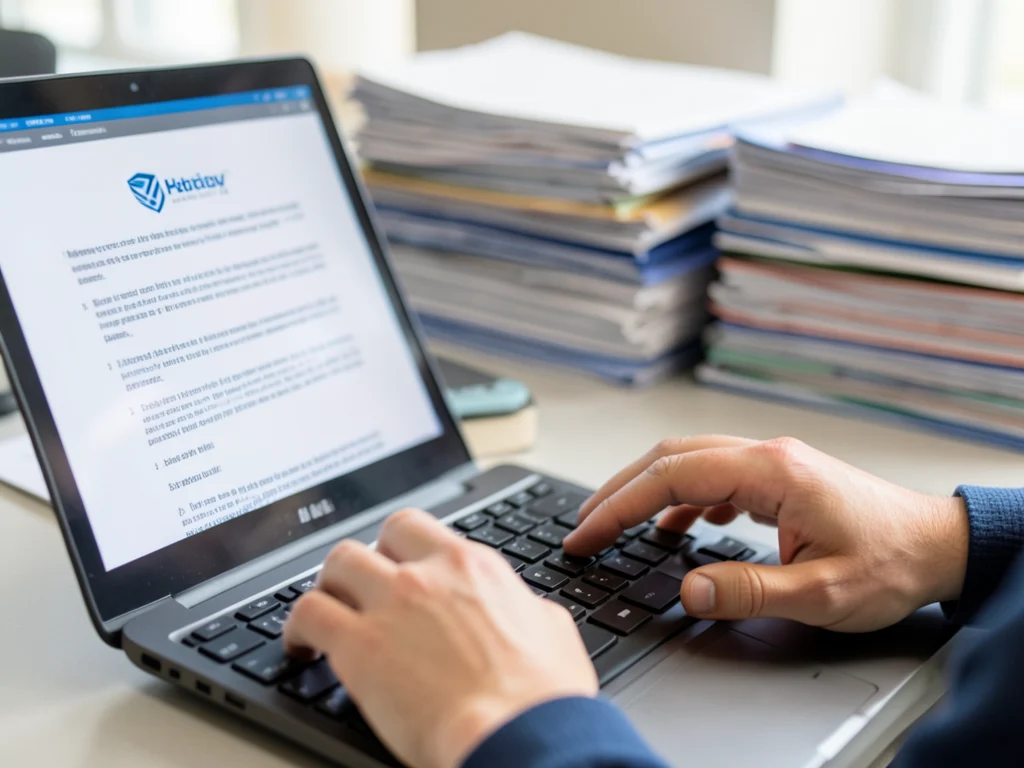 Hands typing on a keyboard, preparing formatted reports.