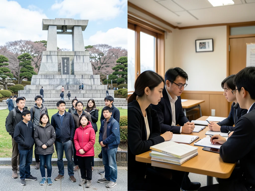 Participants visiting Hiroshima Peace Memorial Park and engaging in academic discussions at Sophia University.