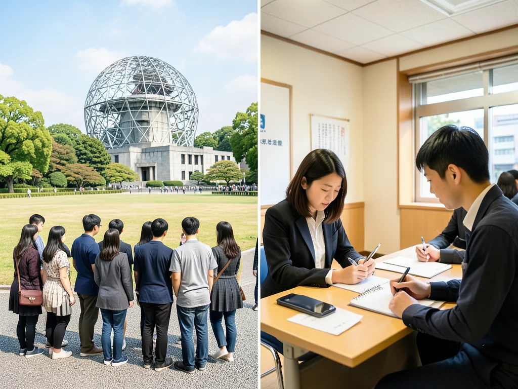 Western Balkan students visiting Hiroshima Peace Memorial Park and attending a university lecture.