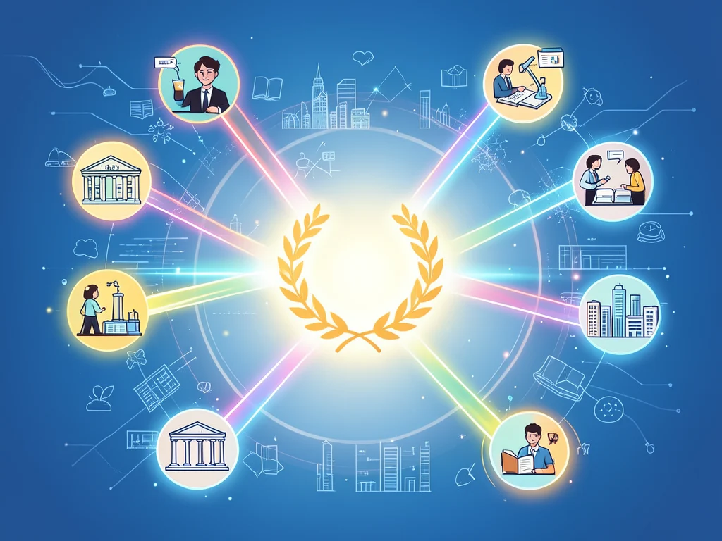 Abstract illustration of a student's path to research award success with global connections.