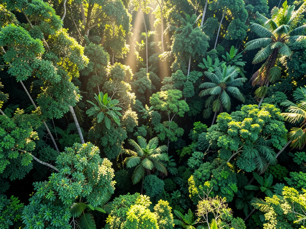 Lush rainforest canopy with sunlight filtering through.