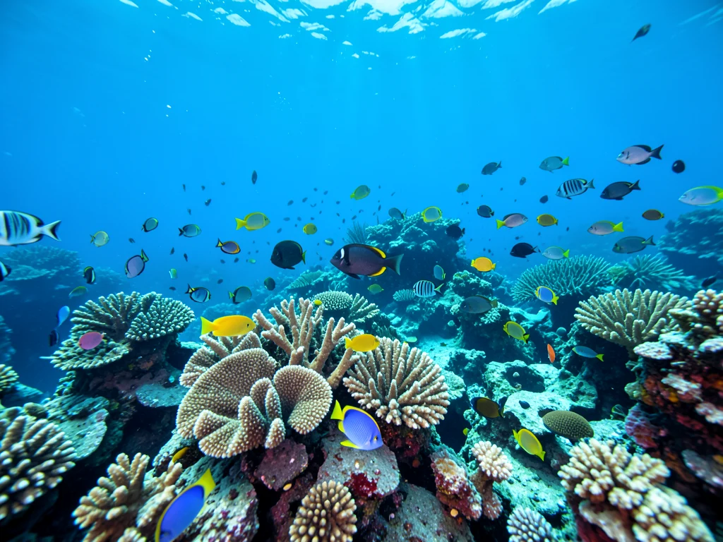 Vibrant coral reef ecosystem with diverse marine life.
