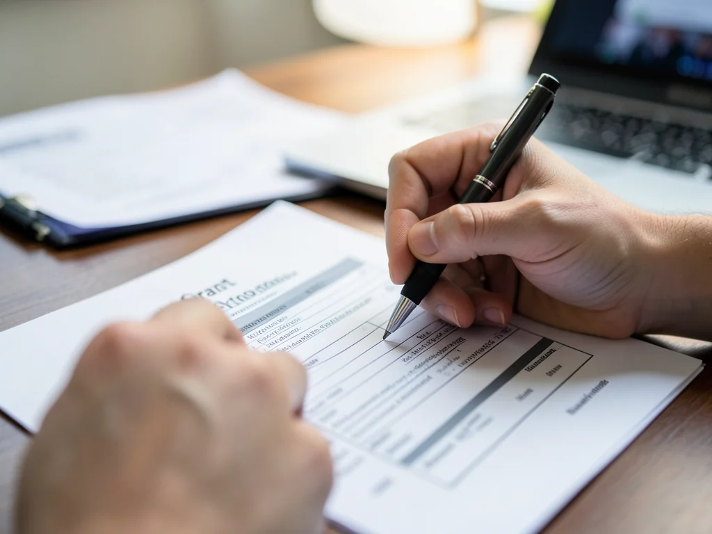 Close-up of hands completing a grant application form.