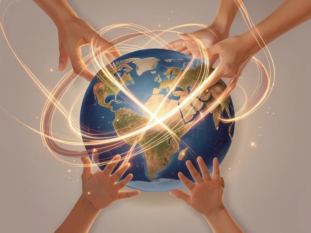 Global microgrant application concept with interconnected light and diverse hands.