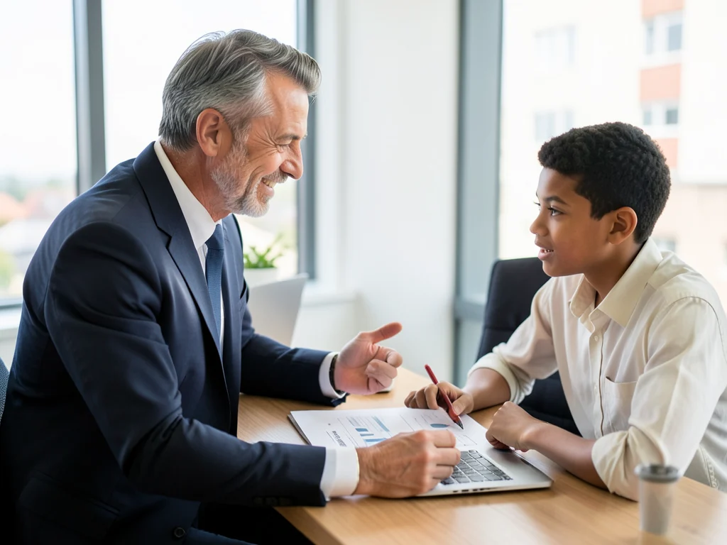 A mentor providing one-on-one guidance to a student entrepreneur.