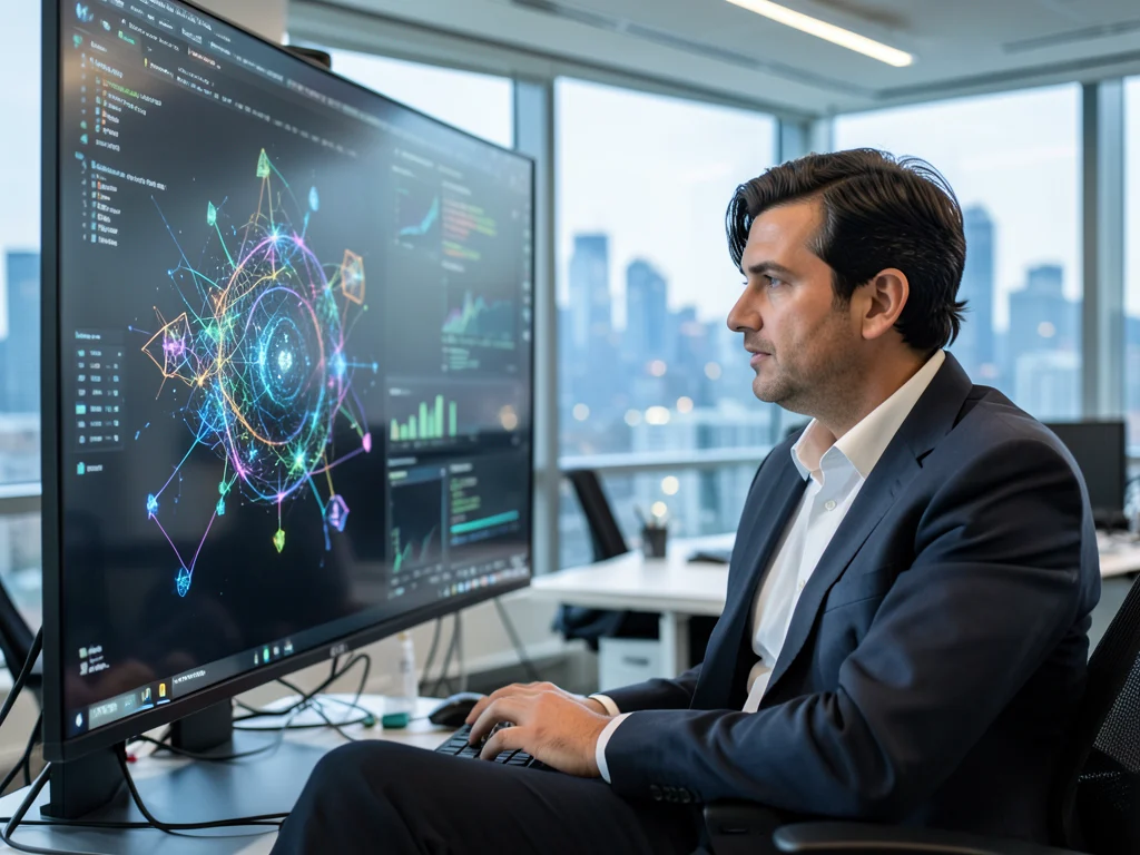 Researcher contemplating an AI model on a screen in a modern lab.