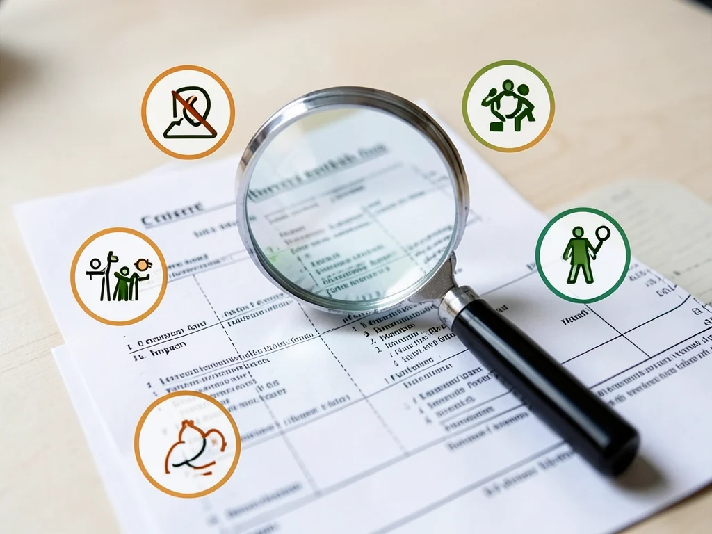 Magnifying glass over a research plan, highlighting key evaluation criteria.