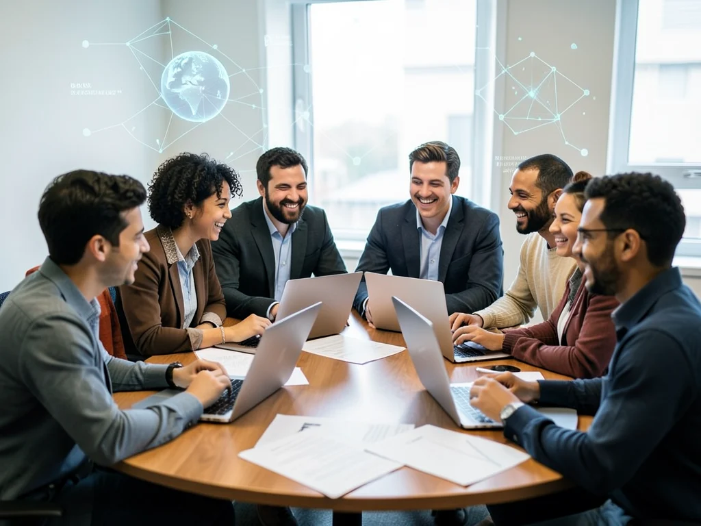 Diverse group of AI researchers collaborating on a project.