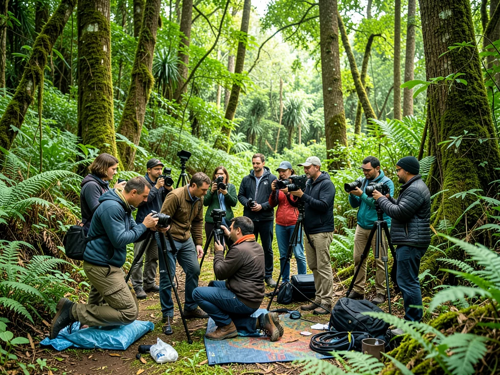 Photographers documenting nature in a forest setting.