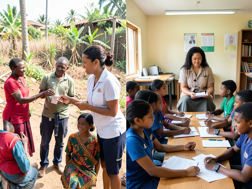 Split image showing community health work and teaching, illustrating the diverse fields of the fellowship.