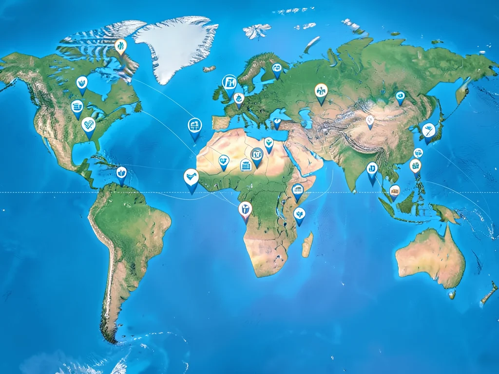 World map with pins in Africa and icons for health, education, and business, representing the fellowship's reach.