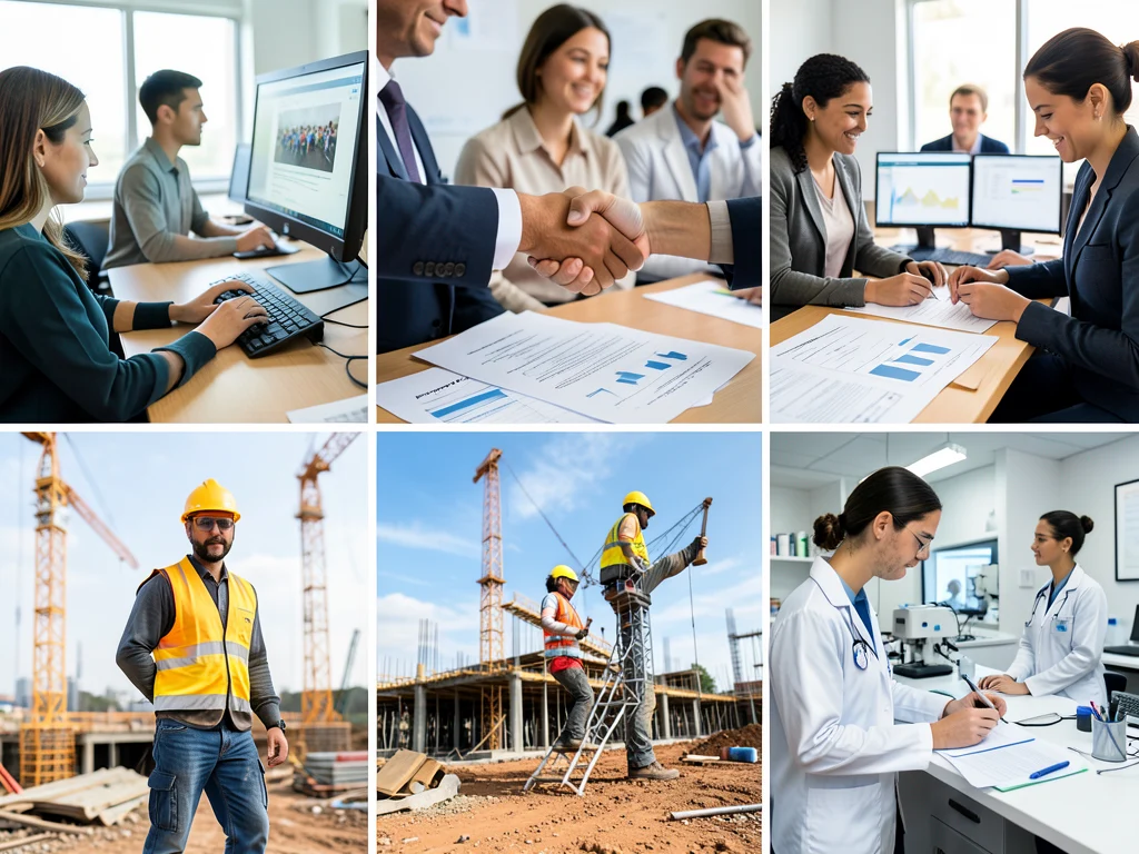 Collage representing diverse internship sectors in South Africa: technology, finance, marketing, engineering, and healthcare.