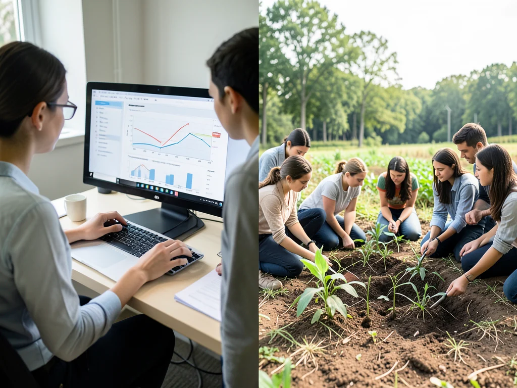 Split image showcasing diverse internship roles: data analysis and sustainability projects.
