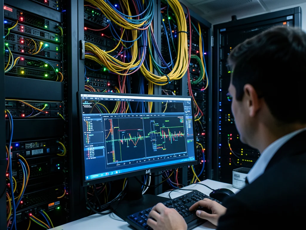 Data center infrastructure and a person analyzing data.
