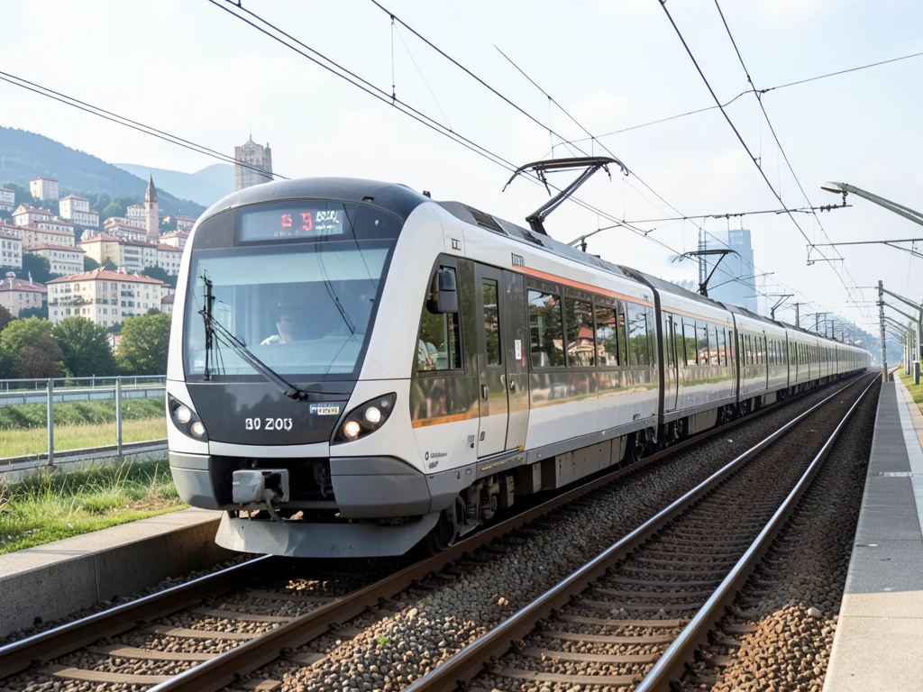 A high-speed train representing public transportation and rail infrastructure.