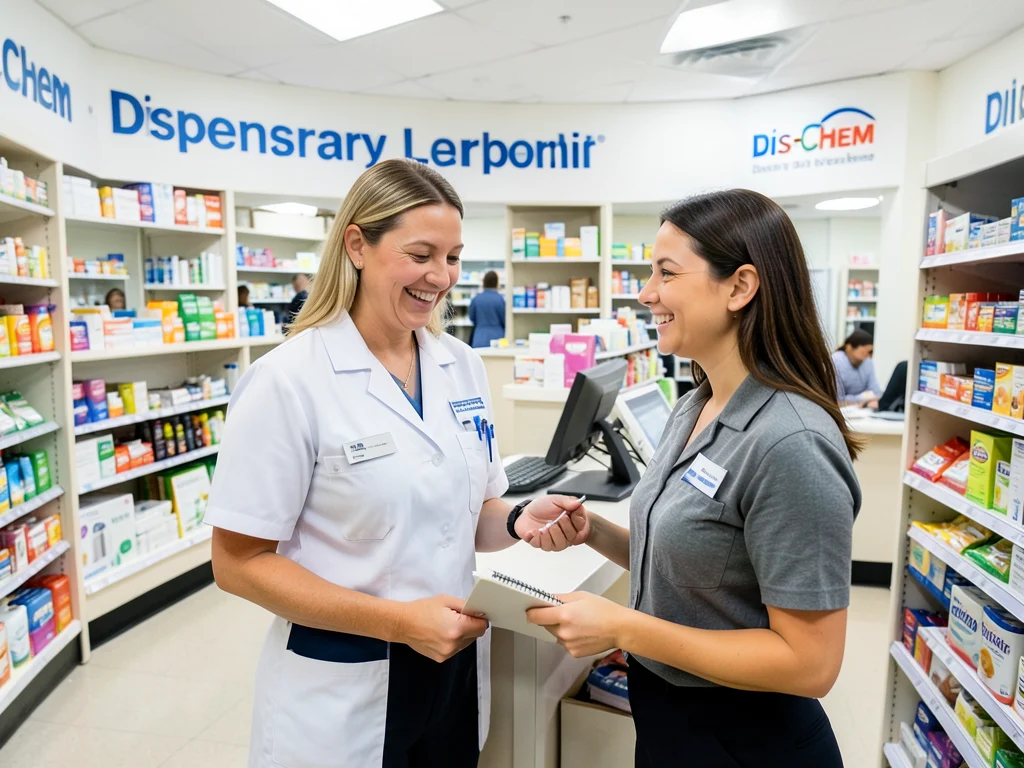 Dis-Chem pharmacy interior with a pharmacist assisting a customer.