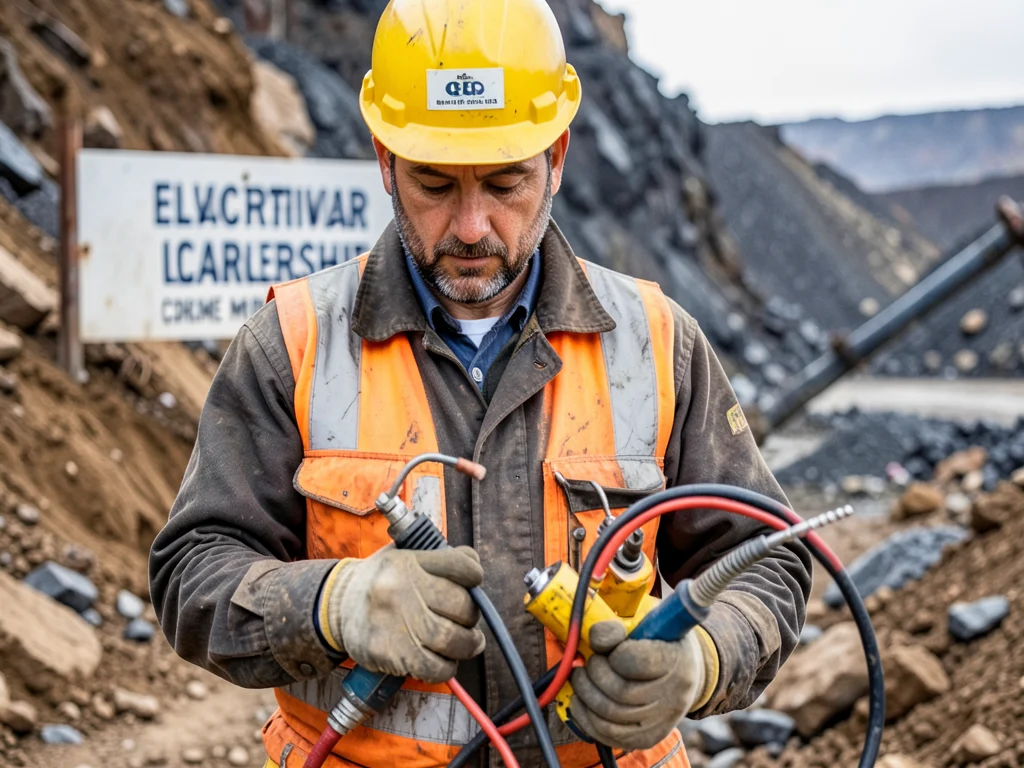 Miner wearing safety gear and holding electrical tools in a mine.