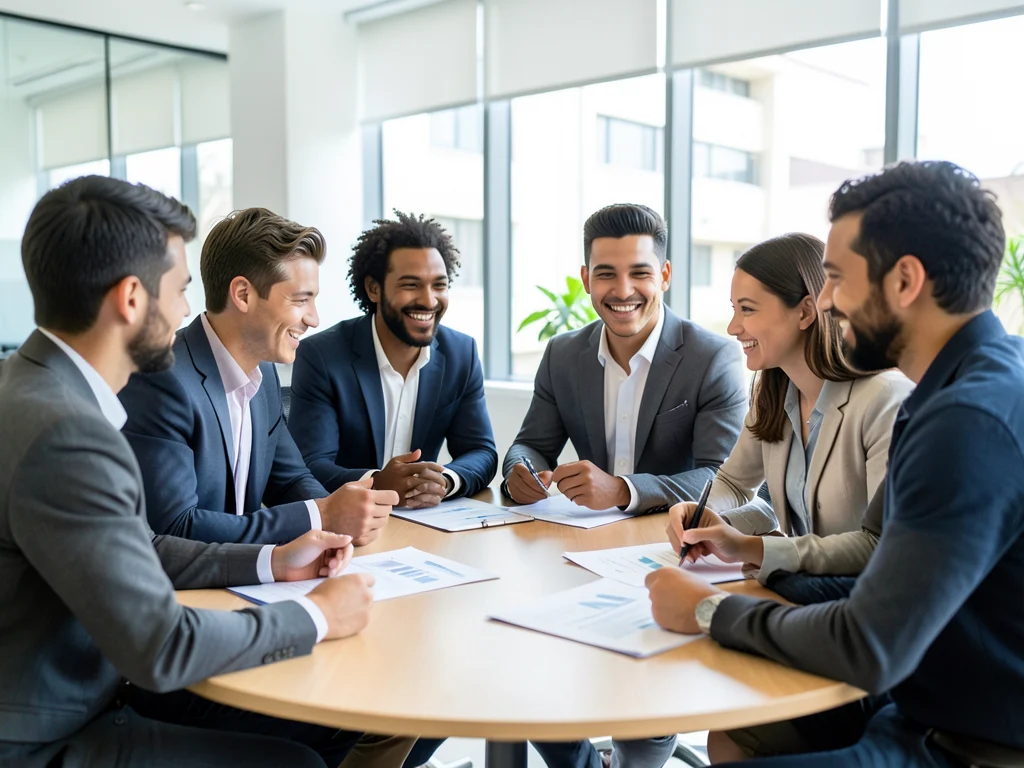 Young professionals collaborating in a modern office setting.