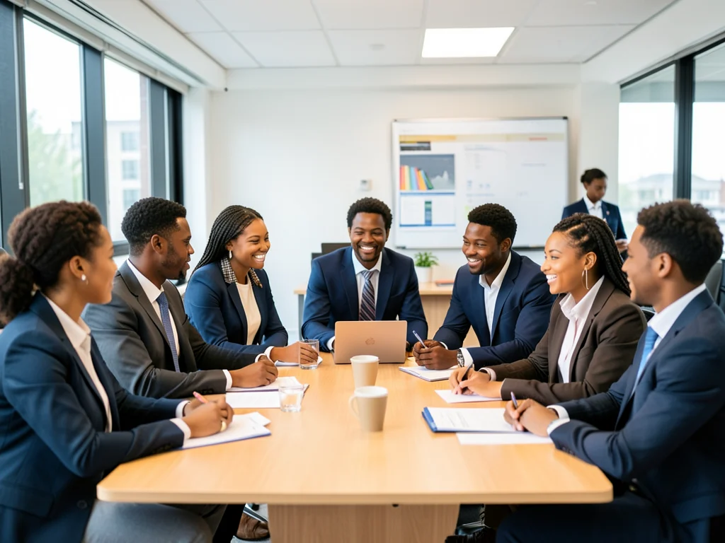 Young graduates collaborating in a professional office environment.