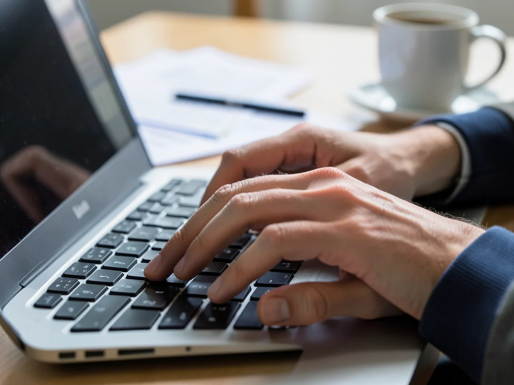 Hands typing on a laptop keyboard, representing the need for computer proficiency.