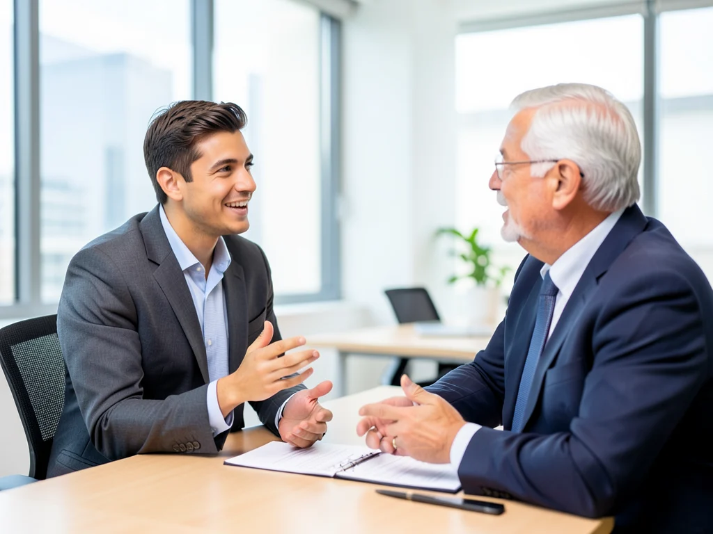 Young professional communicating confidently with a senior colleague.