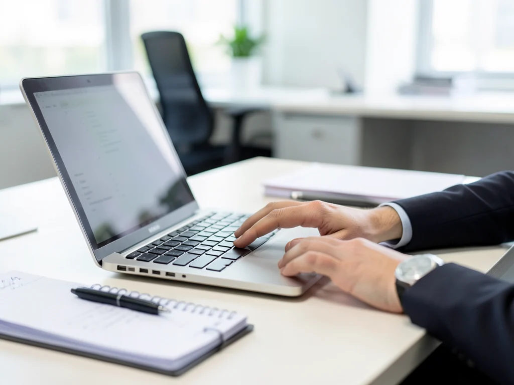 Desk with office supplies, representing administrative tasks.