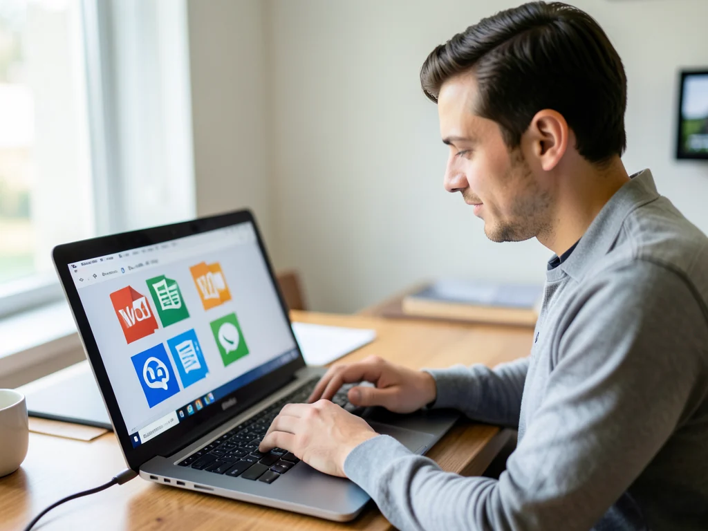 Person using a laptop with Microsoft Office application icons visible.