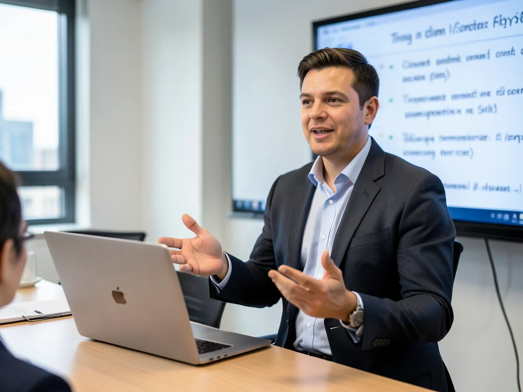 Professional presenting in a meeting, demonstrating communication skills.