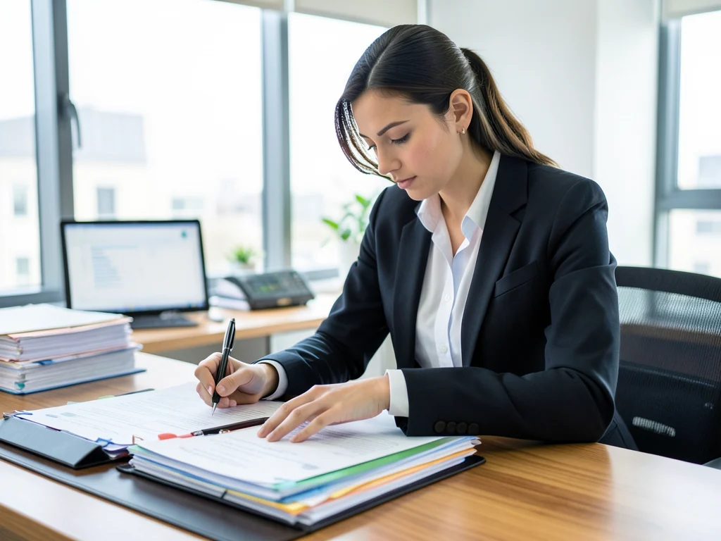 A detail-oriented intern organizing administrative tasks in an office.