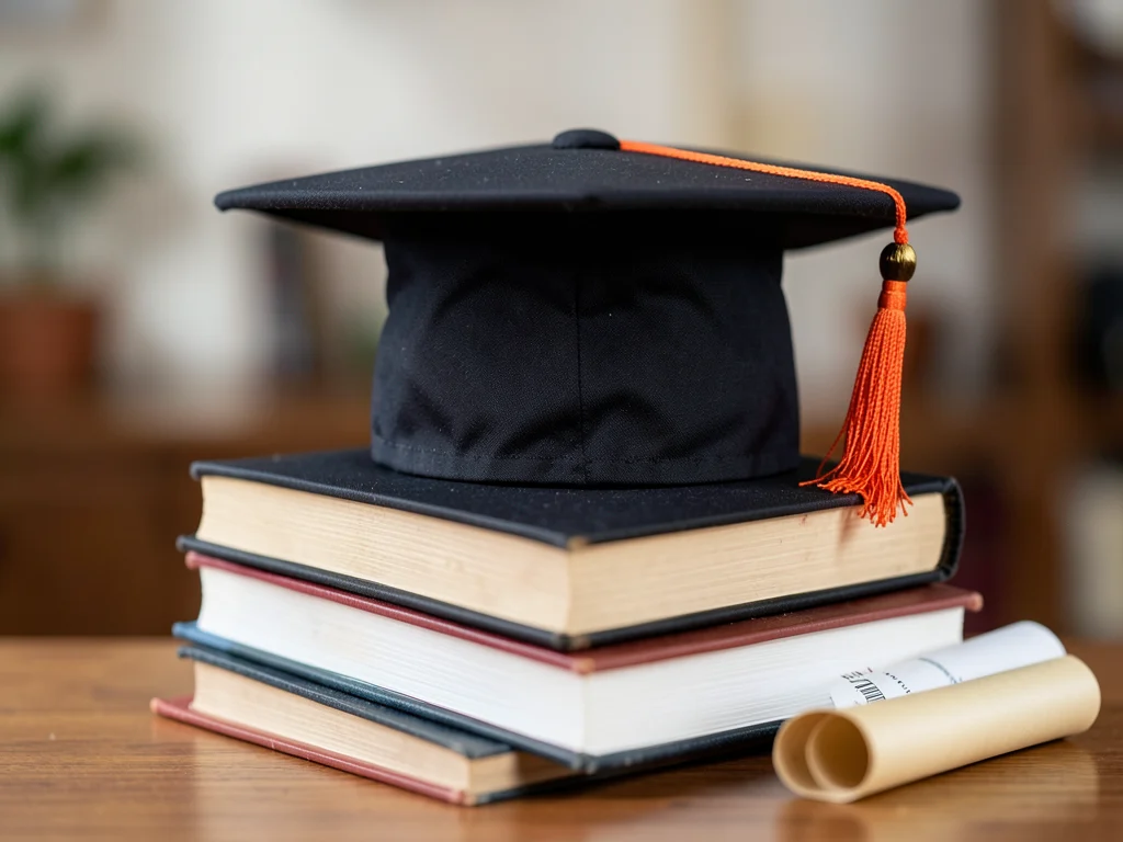 Graduation cap and books symbolizing academic qualifications.