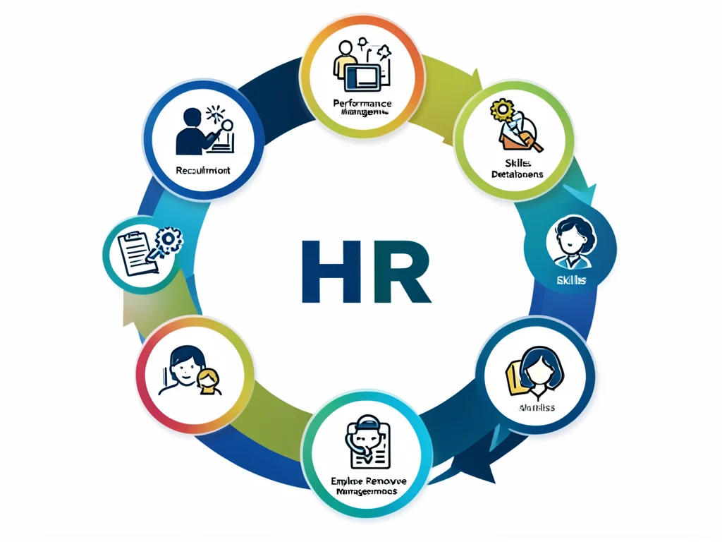 Diagram illustrating key areas of HR training: recruitment, performance management, employee relations, and skills development.