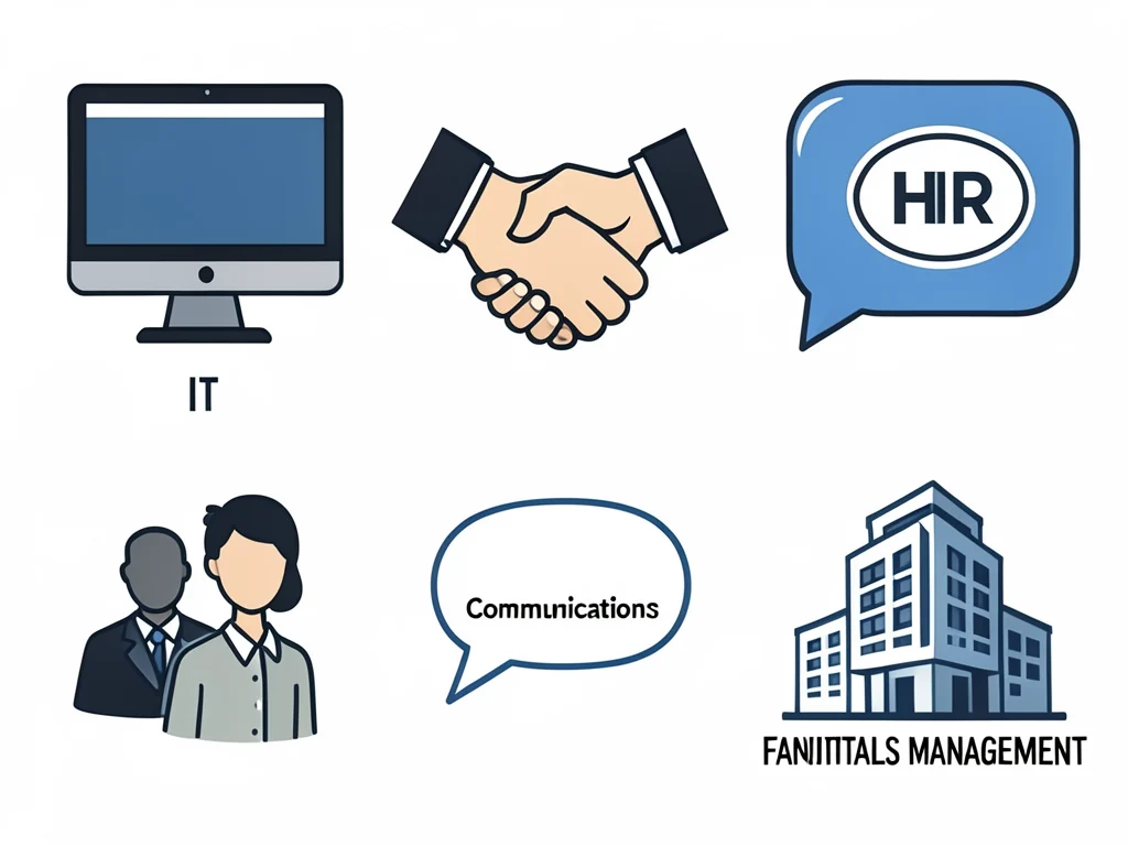 Icons representing diverse corporate services available for internships.