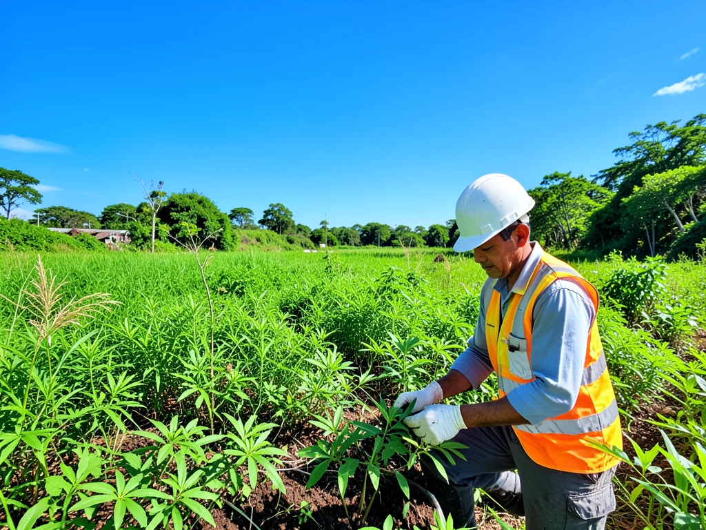 A graduate intern conducting fieldwork in an environmental management setting.