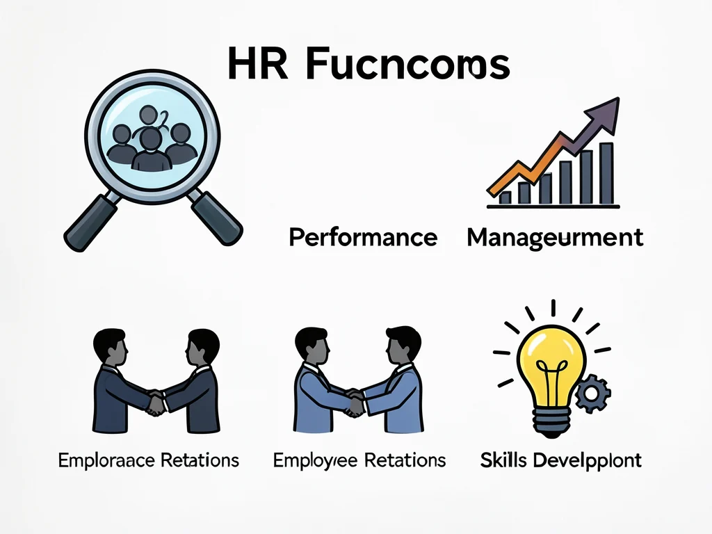 Icons representing key HR functions: recruitment, performance management, employee relations, and skills development.