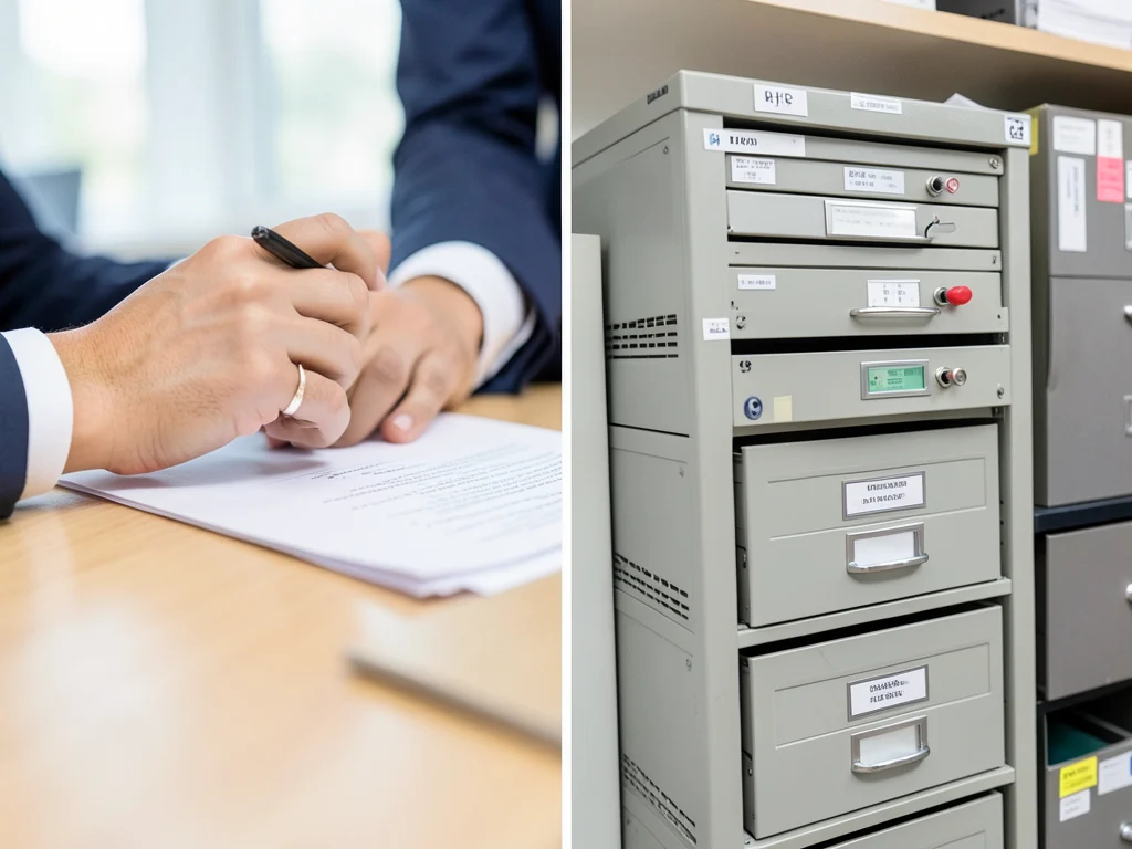 Hands taking meeting minutes and a well-organized HR filing system.
