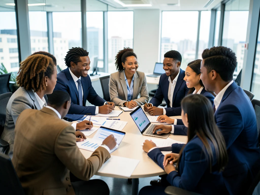 Young graduates collaborating in a professional office environment.