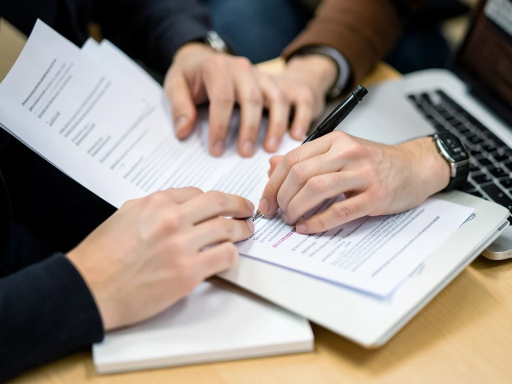Hands organizing documents and using a laptop, emphasizing attention to detail.