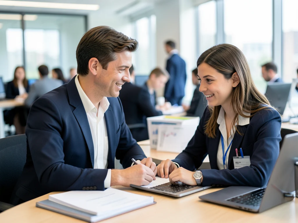 Mentor guiding an intern in a financial services office.