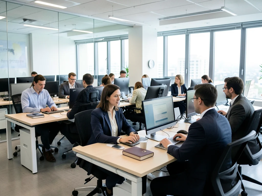 Professionals working in a modern corporate services office.