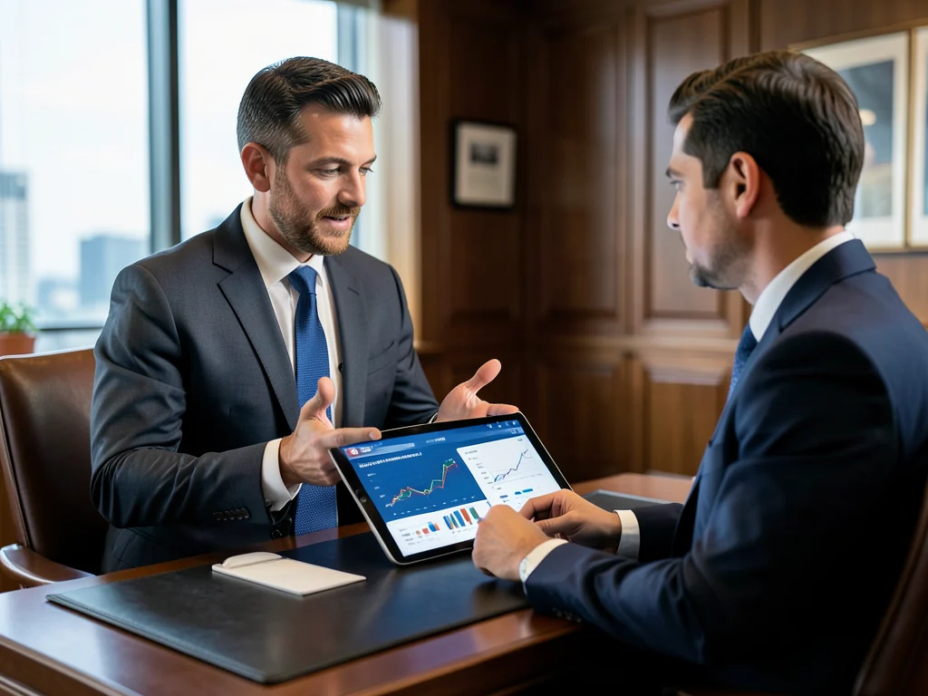 Financial advisor presenting investment strategies to a client, illustrating the program's focus on client advisory services.