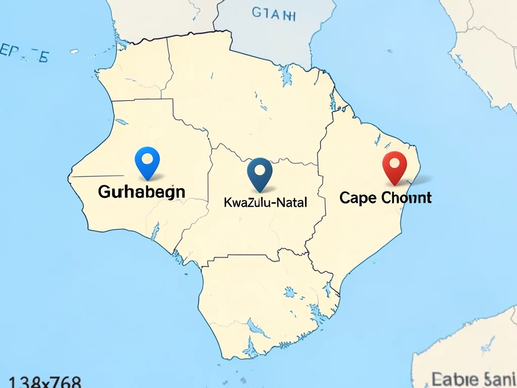 Map of South Africa showing the three program locations: Gauteng, KwaZulu-Natal, and Cape Town.