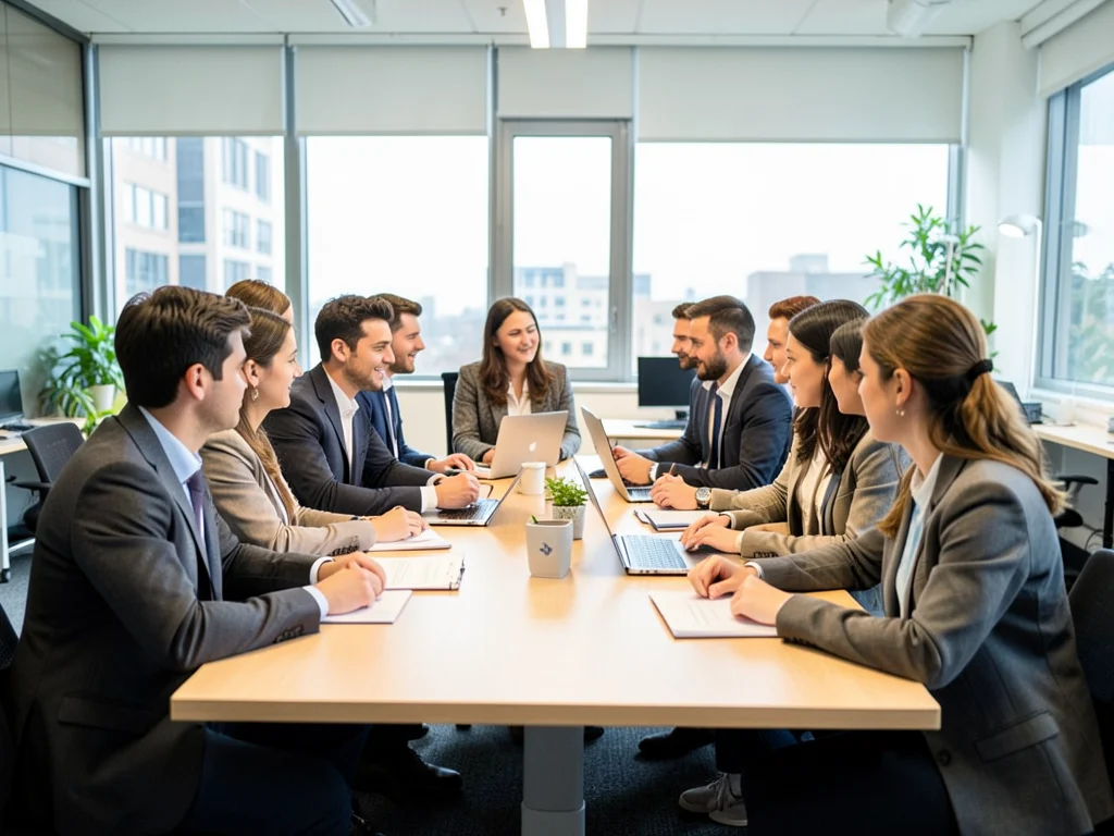 Diverse group of young professionals in a collaborative office environment.