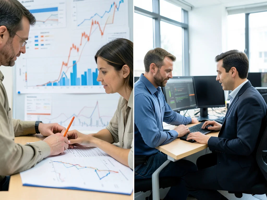 Split image depicting financial management and IT support roles.