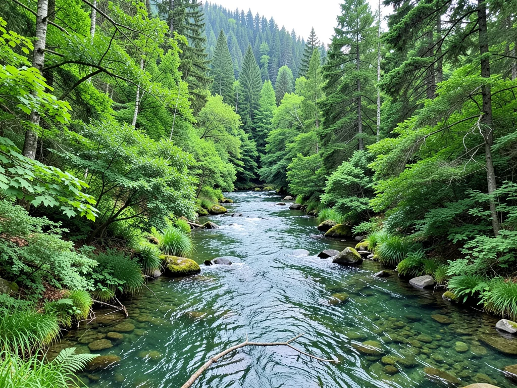 Lush forest landscape with a river, symbolizing environmental management.